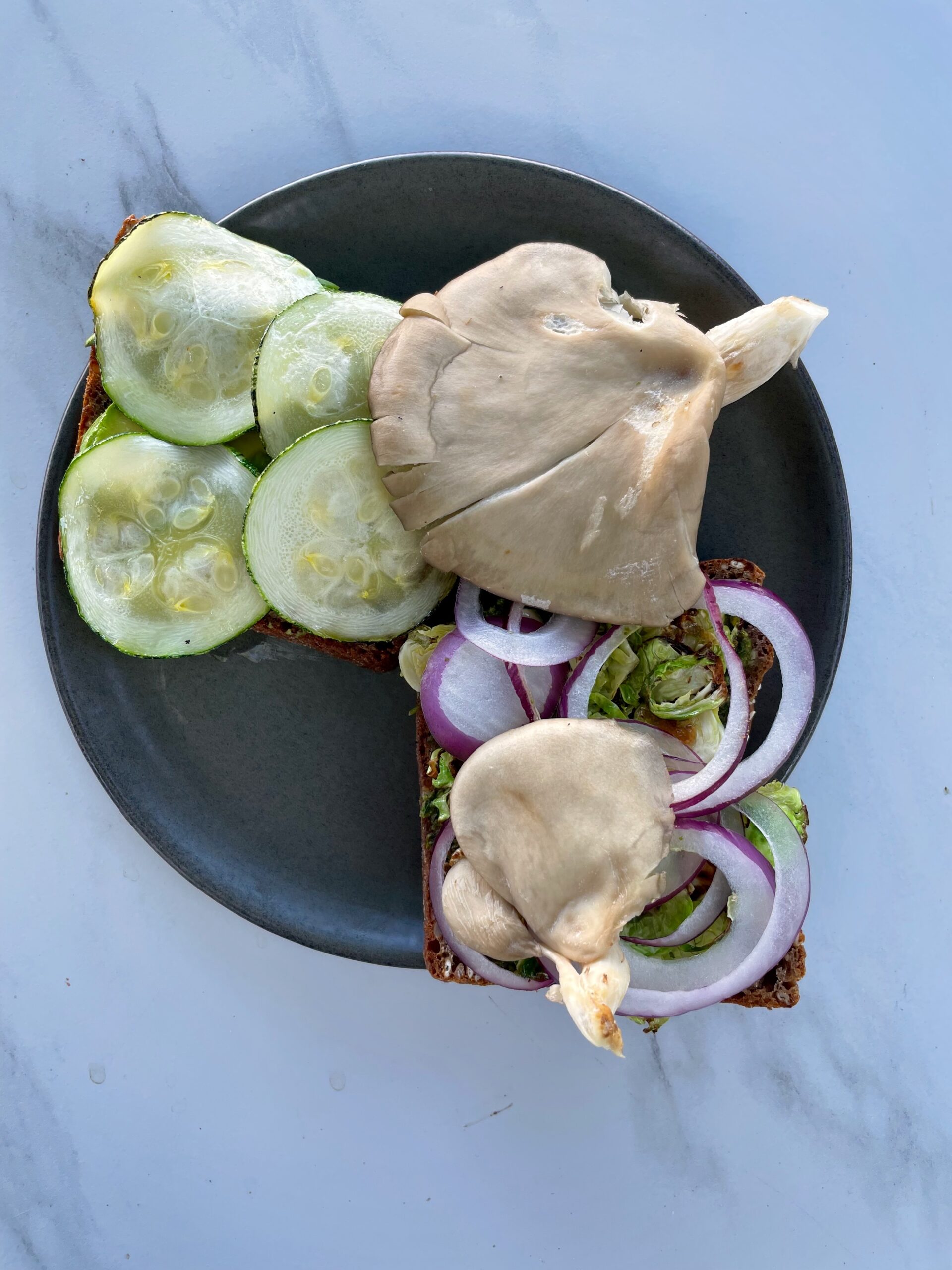 Open faced sandwich with vegan rocket pesto oyster mushrooms, fried zucchini squash, and red onion gluten free seed bread. 