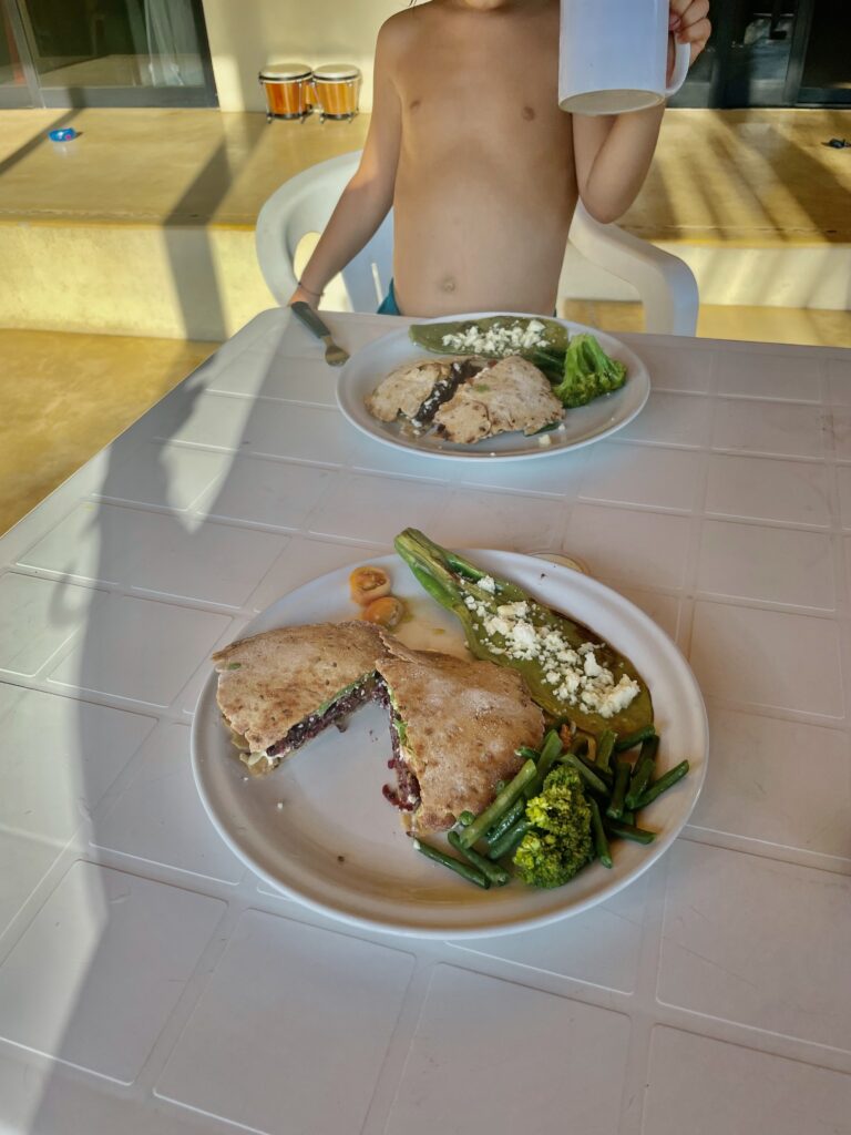 A little boy is shown sitting eating a beet burger on flat bread with a side of nopales.