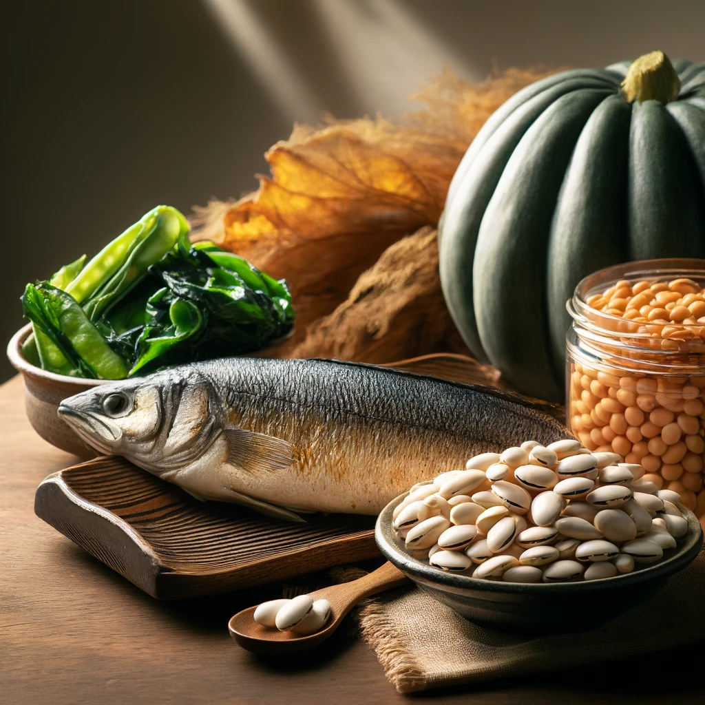 a studio style photo of the acorn squash, seaweed, fish, lupin beans, and soybeans are pictured in an art style form.
