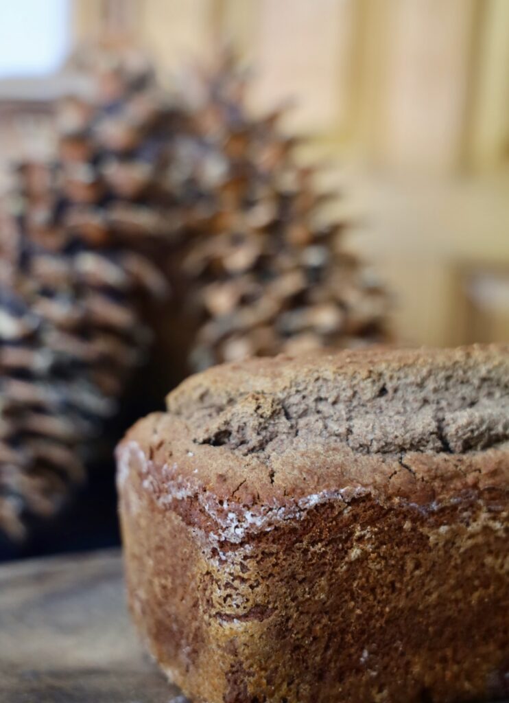 a crusty loaf of bread is well risen on top of a wood cutting board in front of two giant pine cones.