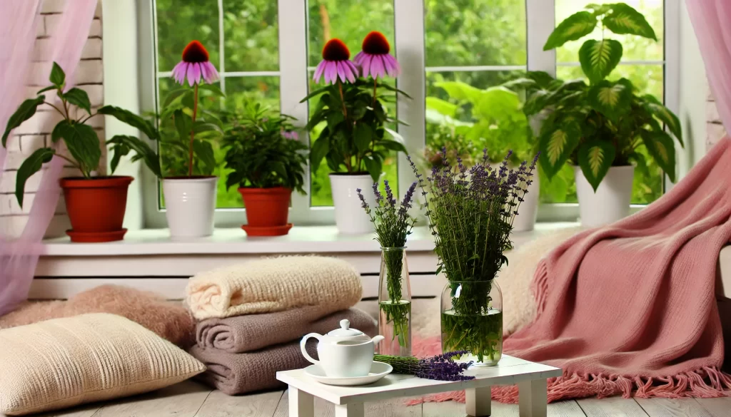 Here is the healing image you envisioned, depicting a cozy, comfortable room filled with blankets, textiles, vases of lavender and echinacea, a cup of thyme tea, and a large window with lush green plants both indoors and outdoors.