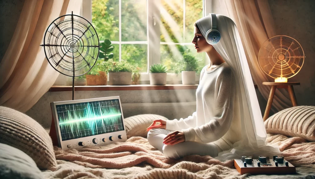 A woman is sitting in meditation, listening to Rife and Solfeggio frequencies, in a serene and healing setting. She is wearing all white  