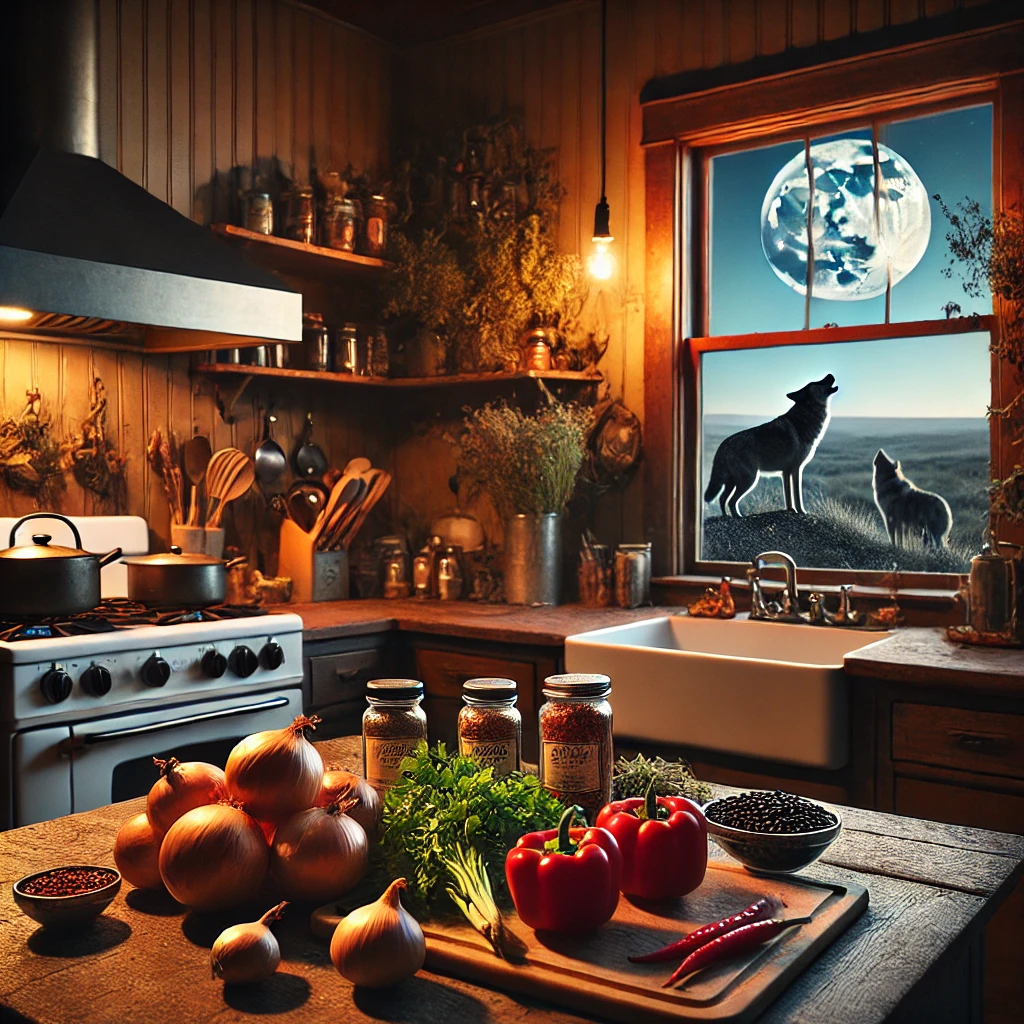 A cozy kitchen at twilight, with the warm glow of a stove and soft lighting illuminating the space. Ingredients for a hearty meal, like black beans, onions, red bell peppers, cilantro, and spices, are neatly arranged on the countertop. Outside the window, a pack of coyotes is seen howling at the rising moon, with a vast desert landscape stretching beyond. The kitchen is filled with rustic charm, with wooden cabinets, a vintage kettle on the stove, and herbs hanging to dry. The scene captures the blend of warmth inside and the wild beauty outside, evoking a sense of home and nature.