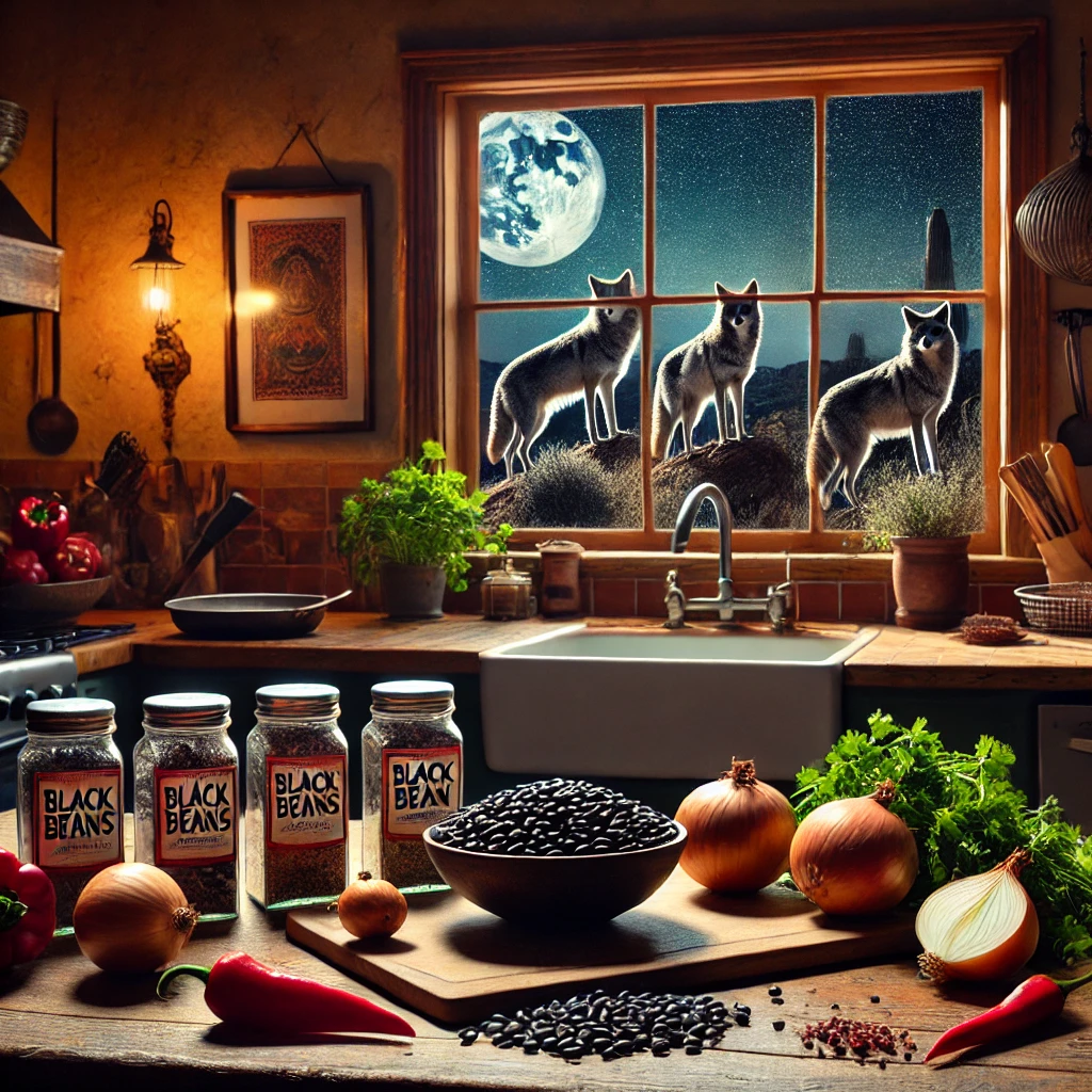 A cozy kitchen at twilight, with the warm glow of a stove and soft lighting illuminating the space. Ingredients for a hearty meal, like black beans, onions, red bell peppers, cilantro, and spices, are neatly arranged on the countertop. Outside the window, a pack of coyotes is seen looking through the window, with a vast desert landscape stretching beyond. The kitchen is filled with rustic charm, with wooden cabinets, a vintage kettle on the stove, and herbs hanging to dry. The scene captures the blend of warmth inside and the wild beauty outside, evoking a sense of home and nature.