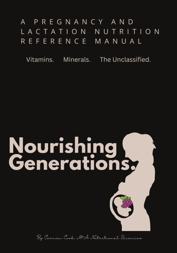 Cover image of the book or publication, Nourishing Generations, a Pregnancy and Lacatation Nutrition Reference Manual. The background is black and the foreground features the silhoute of a pregnant woman with her baby inside of her belly, and the baby is accompanied by a bunch of purple grapes that are representative of the nutrition required to feed a baby. 