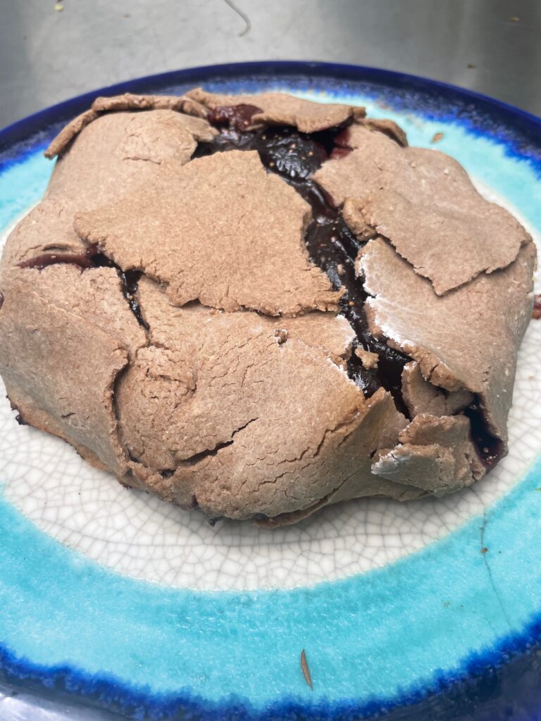 A large galette is enclosed except for a center line of filling and is plated on a unique blue cracked pottery plate reminiscent of the colors of a cenote.