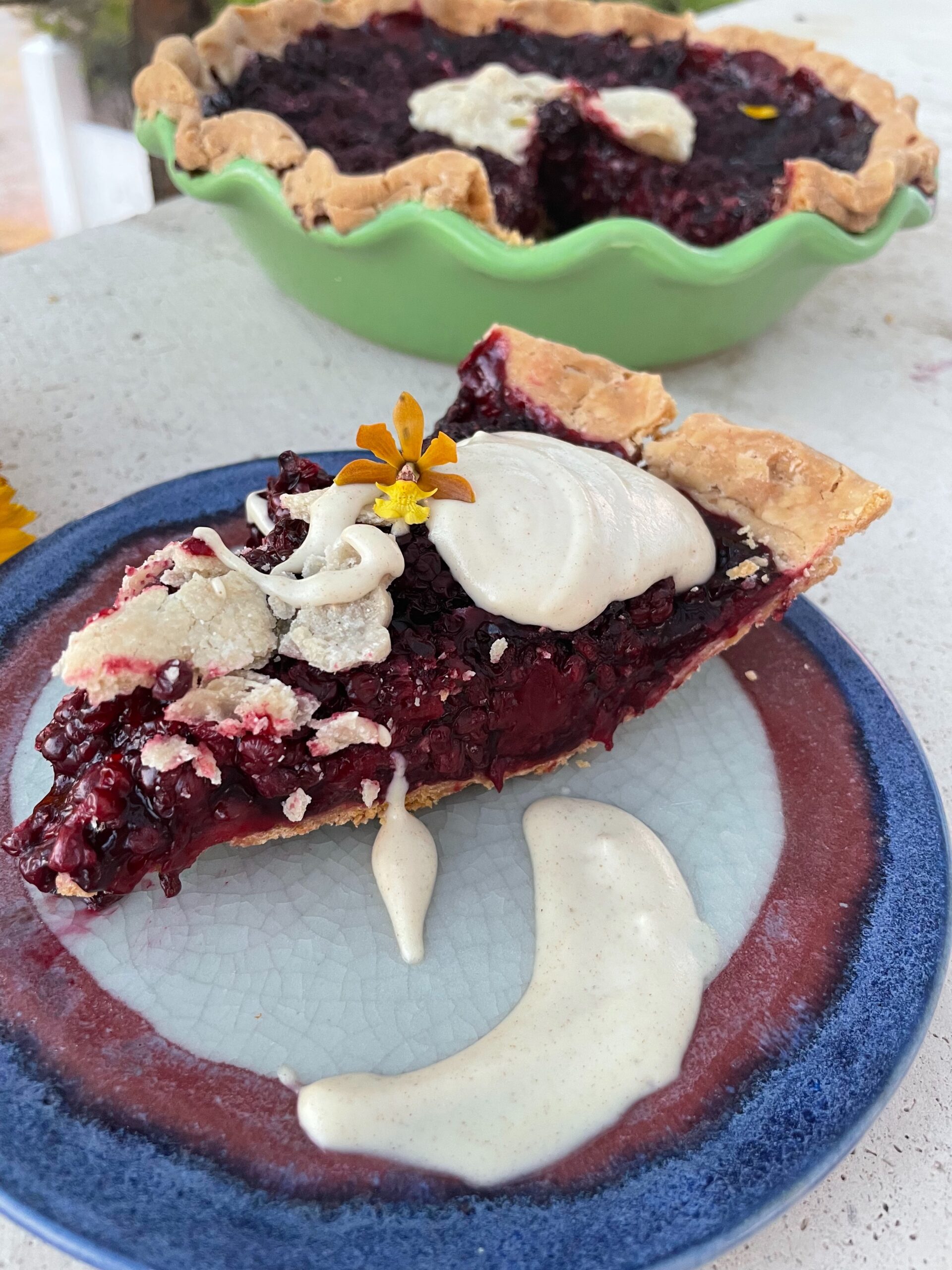 a slice of blackberry pie has a dollop of cashew cream on top and a rare mini yellow orange orchid, a half moon design of cream is on the pottery that is concentric with purple and blue rings.