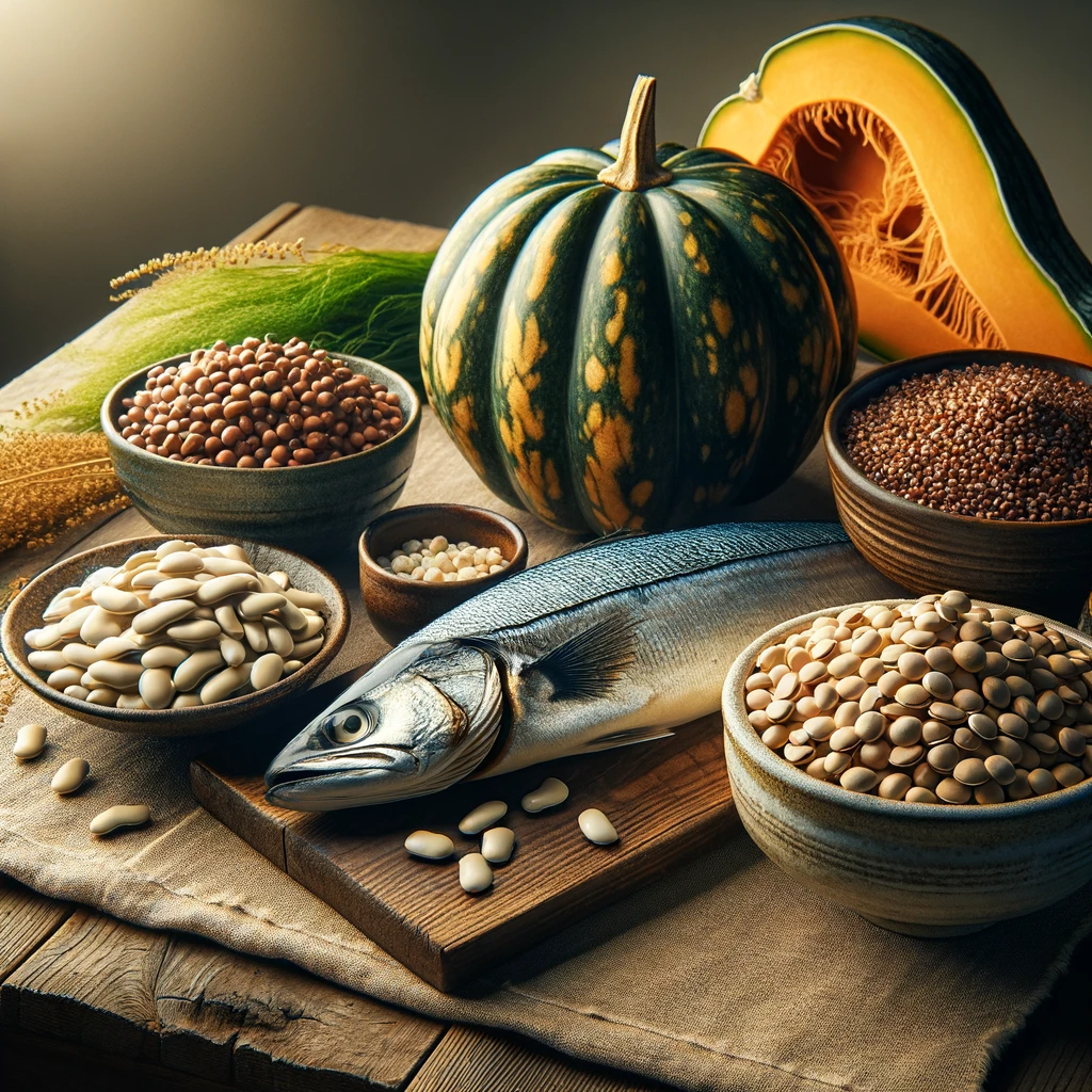 a photo of foods that contain high levels of glycine, beans, fish, buckwheat, soy, and acorn squash