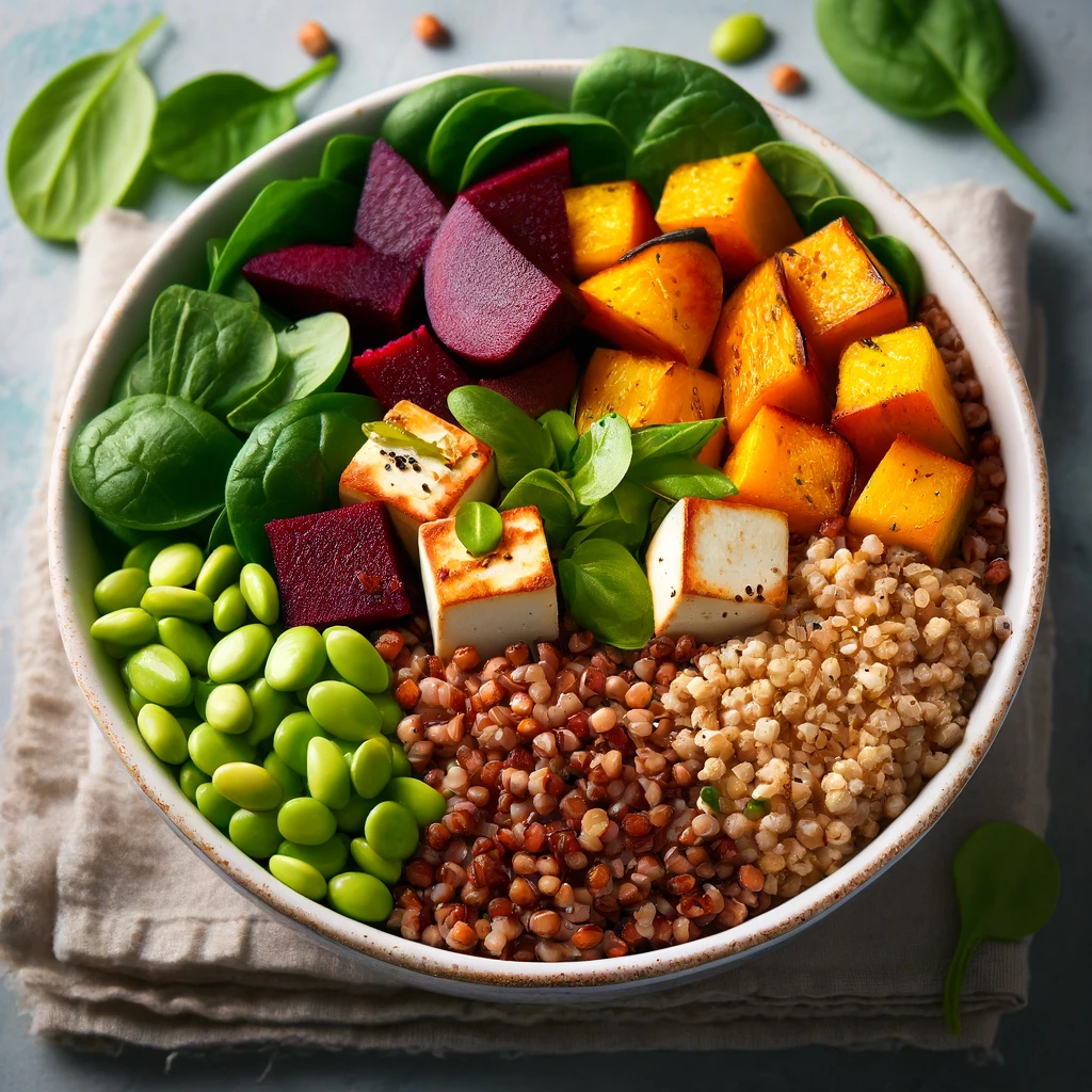 A buddha bowl features cooked buckwheat, roasted acorn squash, sliced beets, cooked edamame, sautéed firm tofu, and fresh spinach, all garnished with pumpkin seeds. The dressing made of olive oil and lemon juice is drizzled over the top. It is in a born crocery dish on top of tan linen napkis