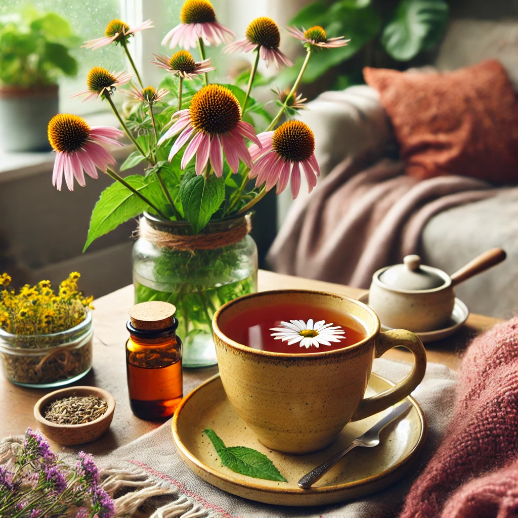 A close-up, above-angle view of a cup of healing thyme tea in front of a vase of echinacea flowers.