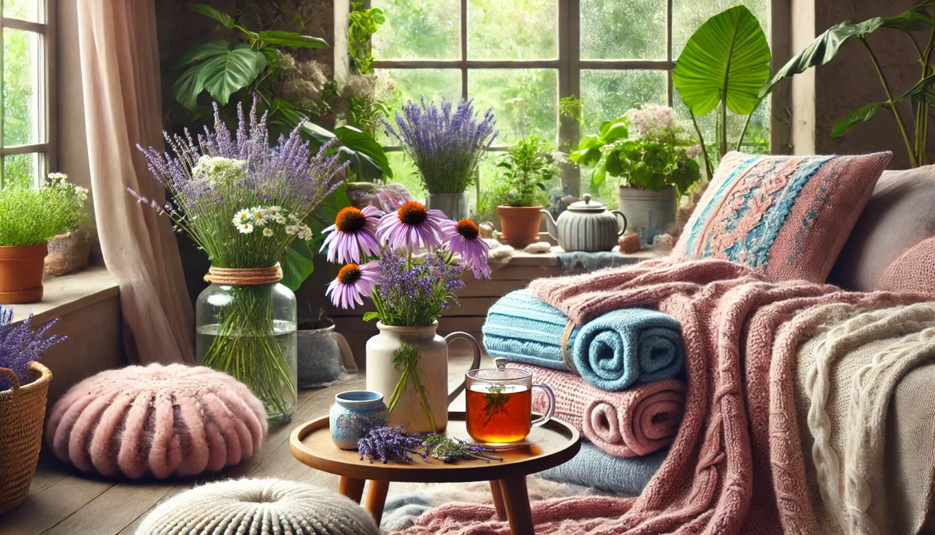 Here is the healing image you envisioned, depicting a cozy, comfortable room filled with blankets, textiles, vases of lavender and echinacea, a cup of thyme tea, and a large window with lush green plants both indoors and outdoors.