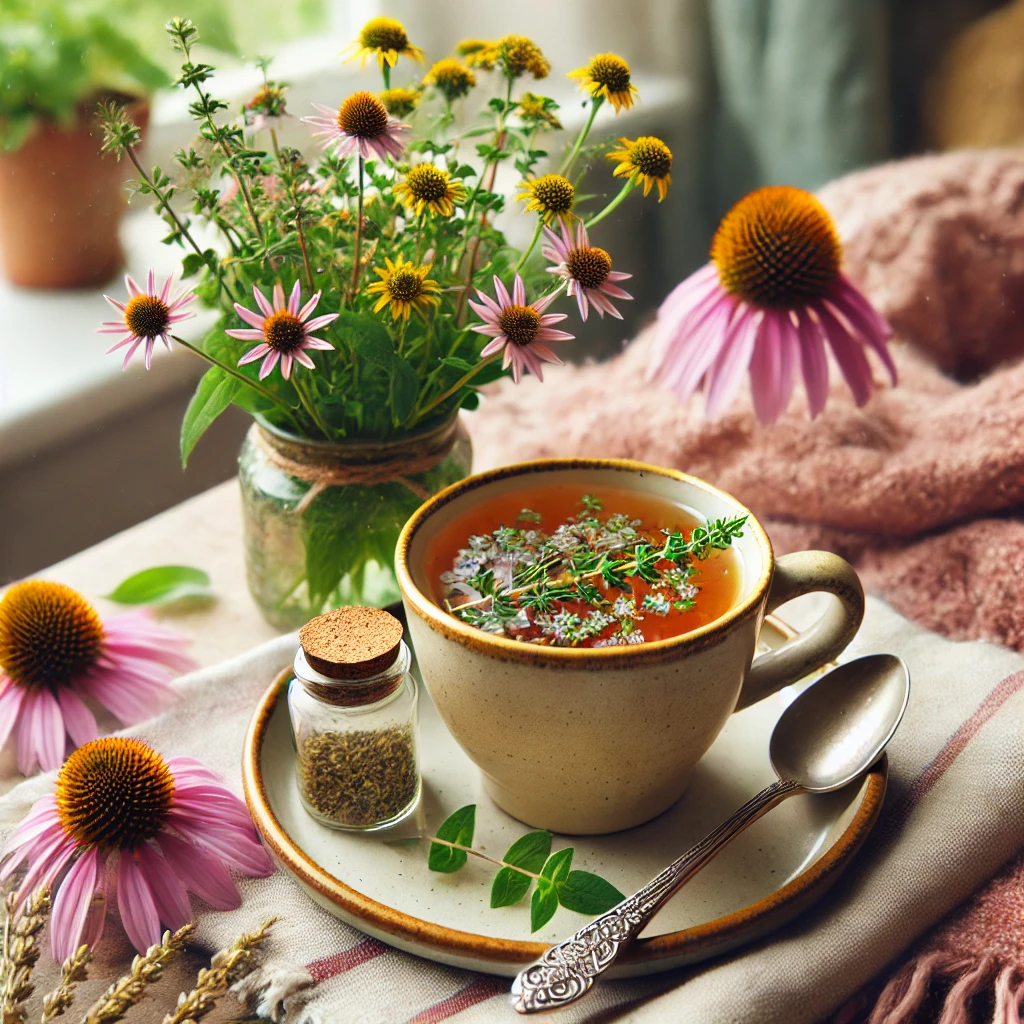 A close-up, above-angle view of a cup of healing thyme tea in front of a vase of echinacea flowers. A sliver spoon is next to the tea cup and soft pink blankets abound in the backfround which is in front of a window upon which a pot of basil sits.
