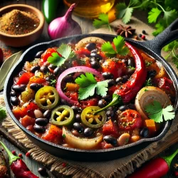 a cast iron skillet is filled with black beans topped with the vegetables from the black bean recipe, onions, red bell pepper, jalapeños and topped with cilantro. The black bean recipe is beautiful staged with the ingredients on the side in a professional food photography scene.