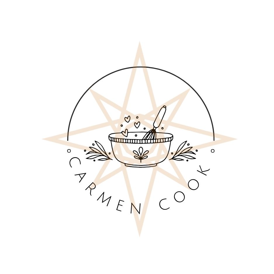 a logo of Carmen Cook is shown with the star of the equinox as a transparent image behind a line drawing of a bowl and a whisk complemented by hearts and leaves in the design. The bowl as a circle around it on the top the circle is a line and on the bottom is "Carmen Cook" as the name of the logo. 