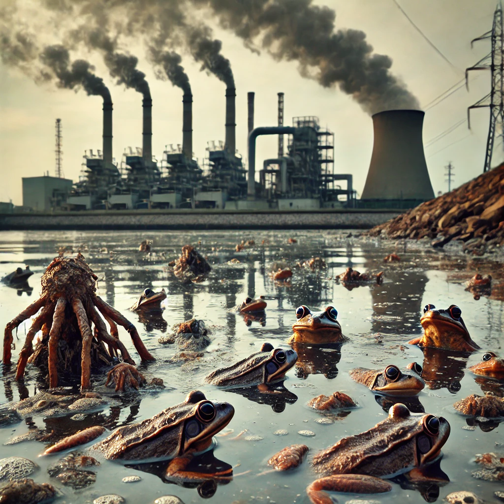 A waste water plant is shown in the background of a lake that is polluted and full of dead and mutated frogs and fishes.