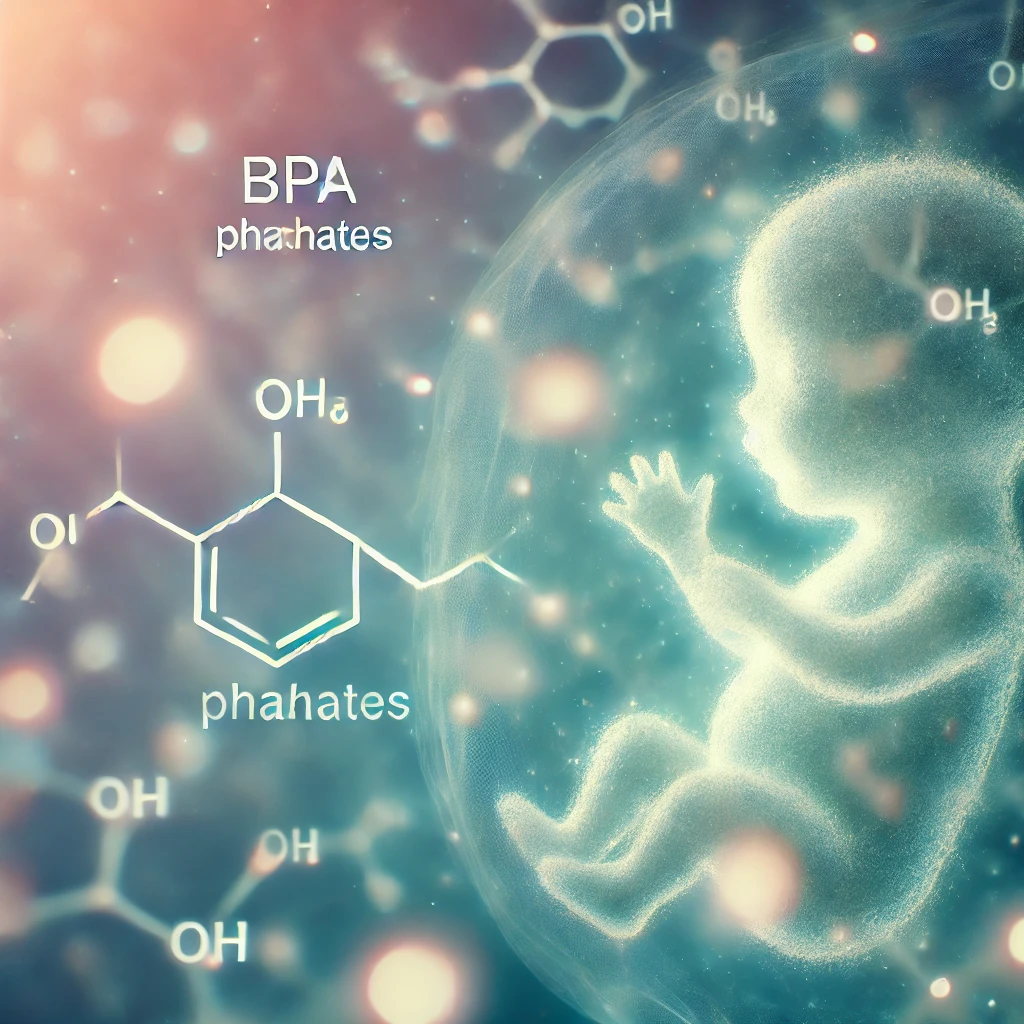 a soft abstract picture of a fetus in the womb being penetrated by the molecular structures of BPA's and other phalates