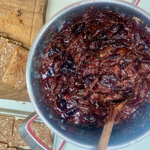 a pot of sugar-free fig preserves has a wooden spoon and is next to sliced Kid's Gluten-Free Seed Bread